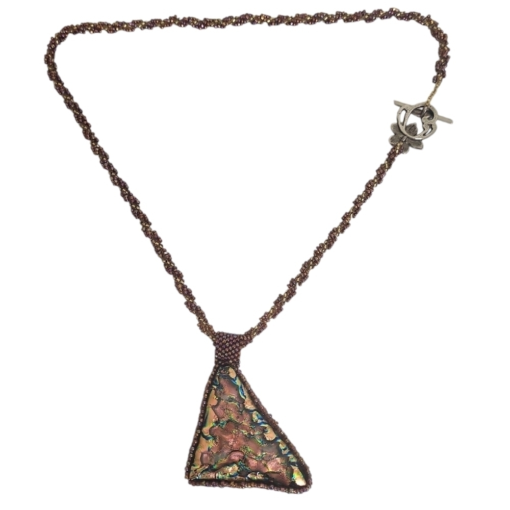 Cooper Dichroic Triangle Leather Pendant Sead Bead Necklace
